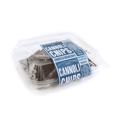 Golden Cannoli Bakery Style Cannoli Chip Clamshells, retail clamshell packs, cookies & cream cannoli chips